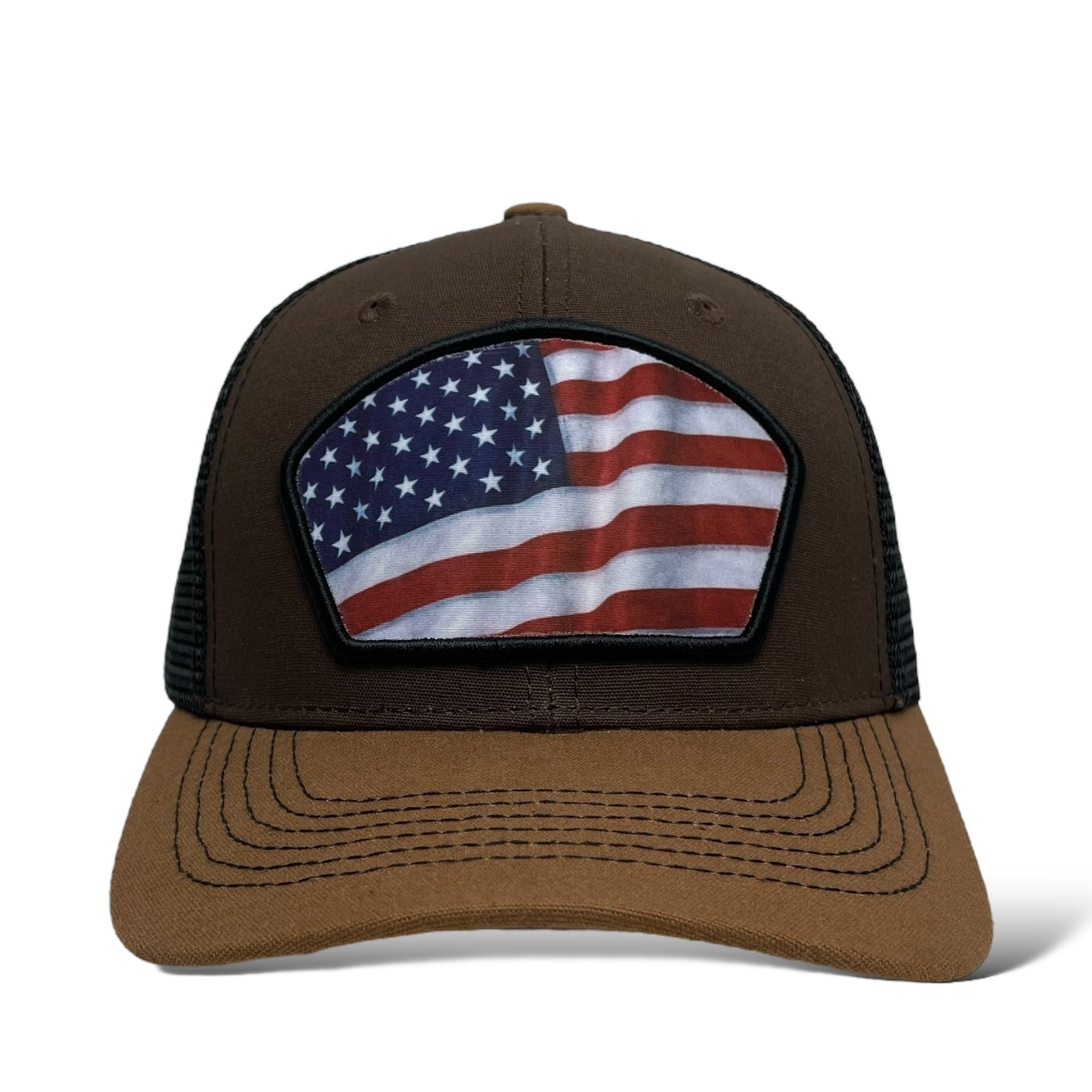 Stylish Brown and Black Trucker Hat with USA Flag Patch - Snapback