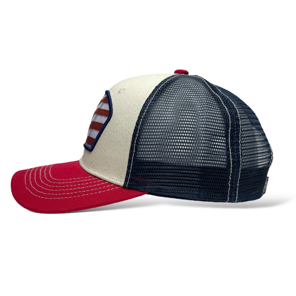 Wholesale Trucker Hat - Beige, Red & Navy Snapback with USA Flag Printed Patch