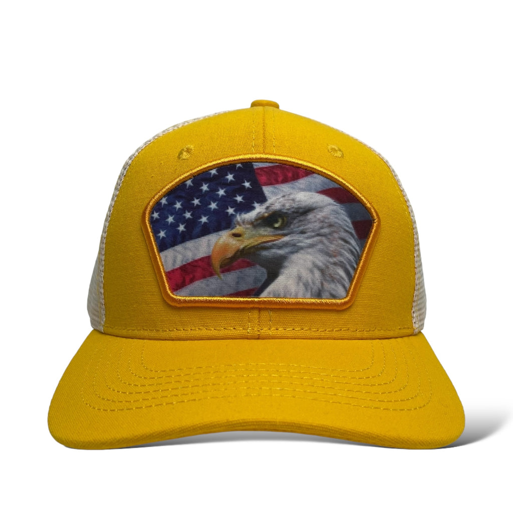 Yellow and White Trucker Hat with USA Flag & Eagle Patch - Wholesale Snapback