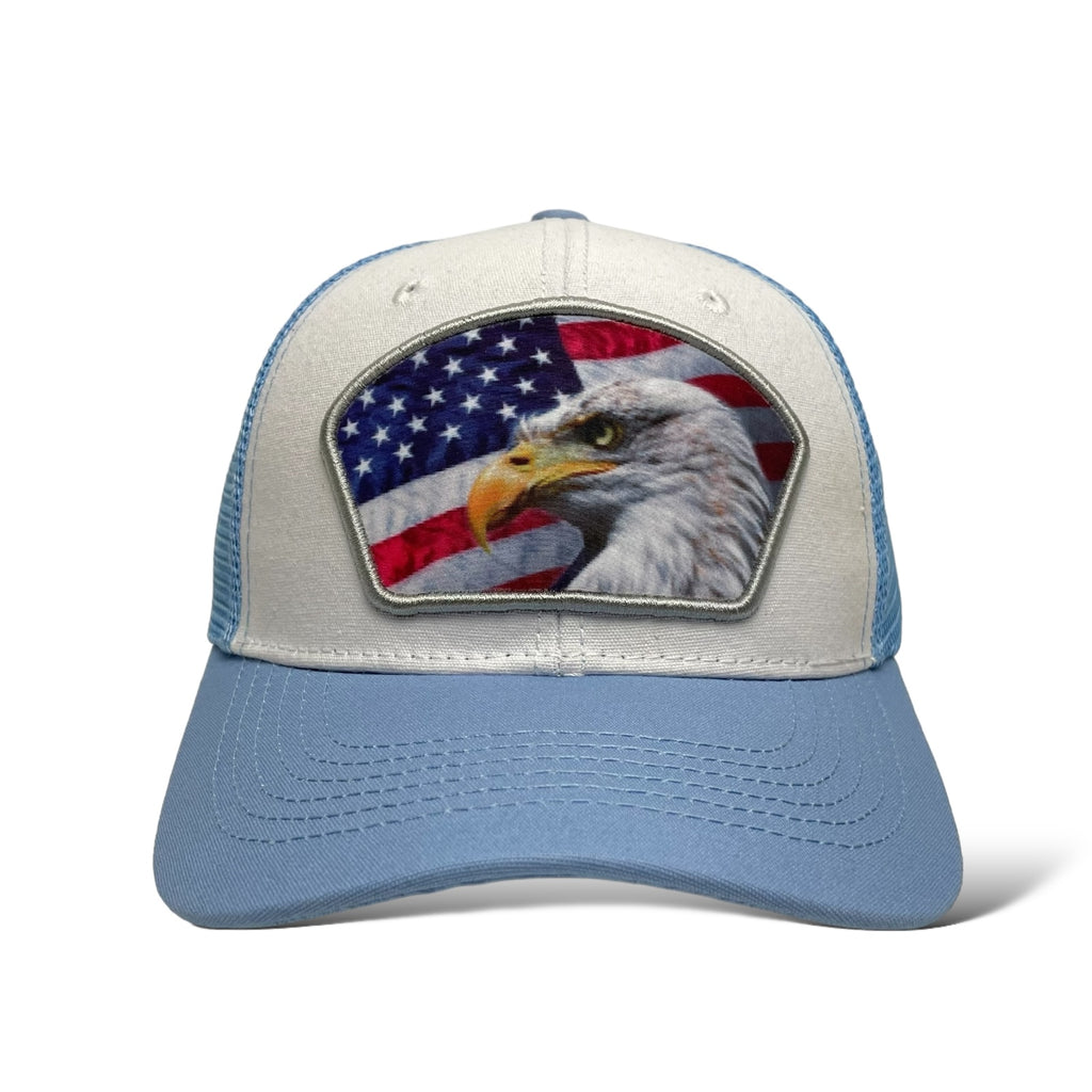 Light Blue & White Snapback Trucker Hat with USA Flag & Eagle Patch – Wholesale Price