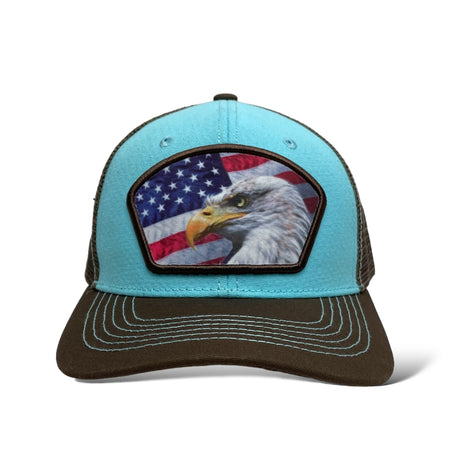 Close-Up of USA Flag and Eagle Patch on Sky Blue and Brown Trucker Hat