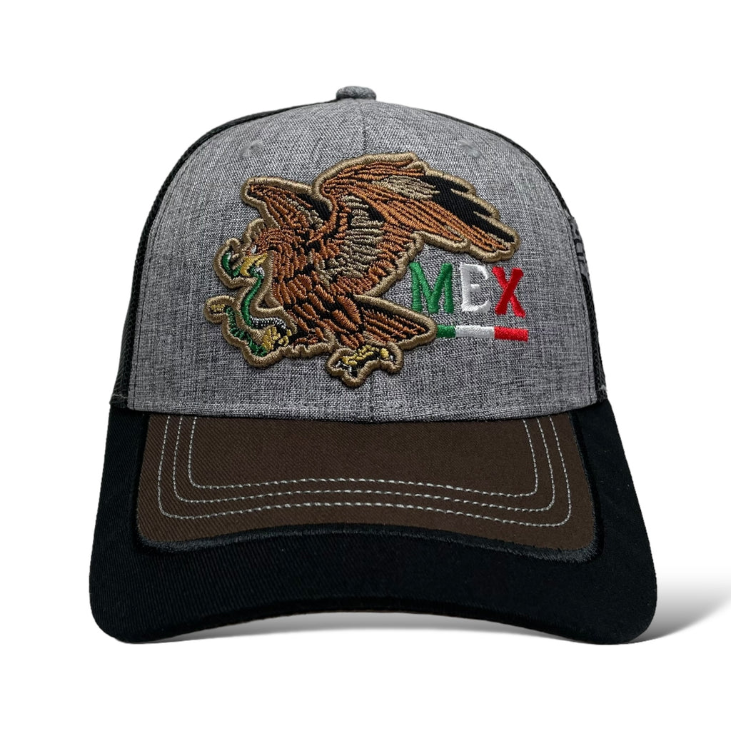 Detailed Eagle and Mexico Embroidery on Gray Snapback Trucker Hat - Side View