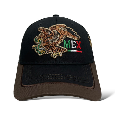 Close-Up of Mexico Eagle Embroidery on Black Trucker Hat Snapback