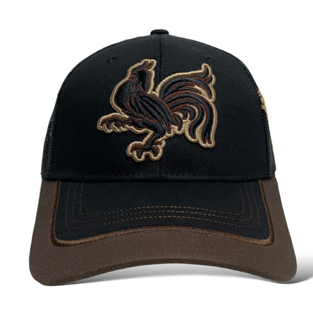 Black mesh back trucker hat with rooster embroidery