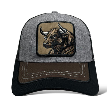 Mesh back of gray trucker hat with bull patch