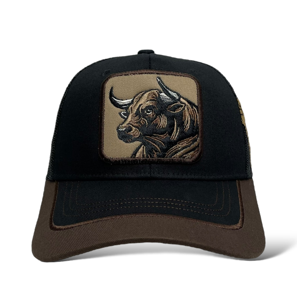 Bull Embroidered Trucker Hat | Black Mesh Snapback Cap with Bull Patch