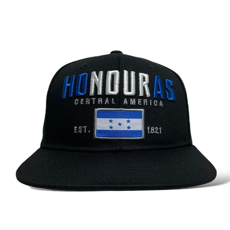 Gorra de baseball negra con visera plana y bandera de Honduras bordada.