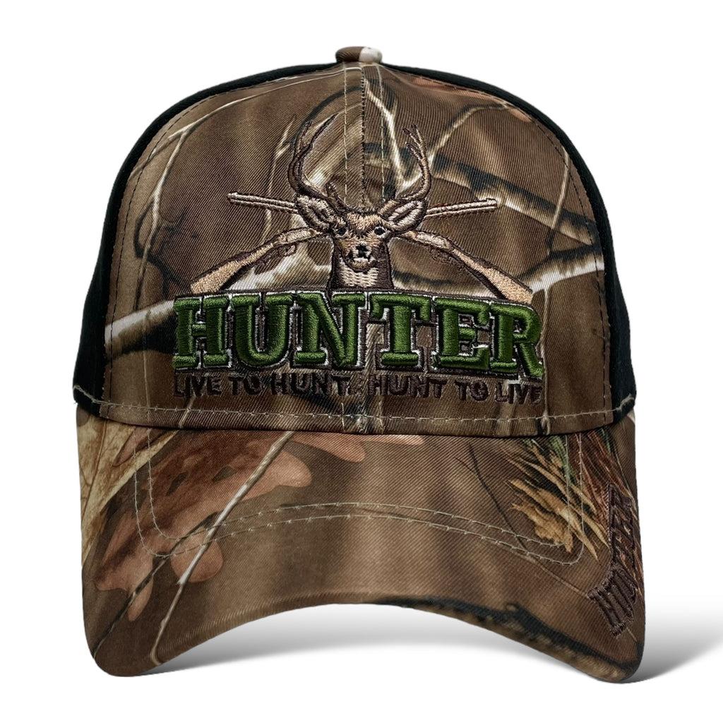 Camouflage baseball cap for men featuring Hunter text and deer embroidery