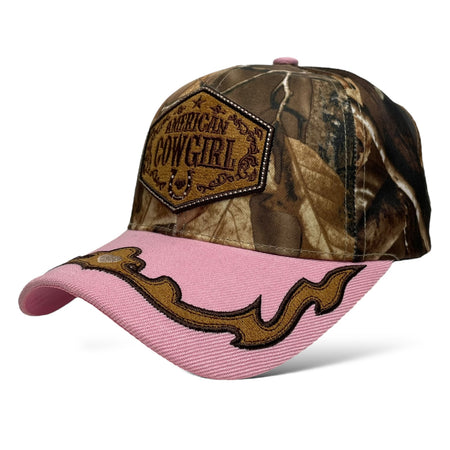 Side view of women’s pink camouflage baseball cap with leaf and branch design