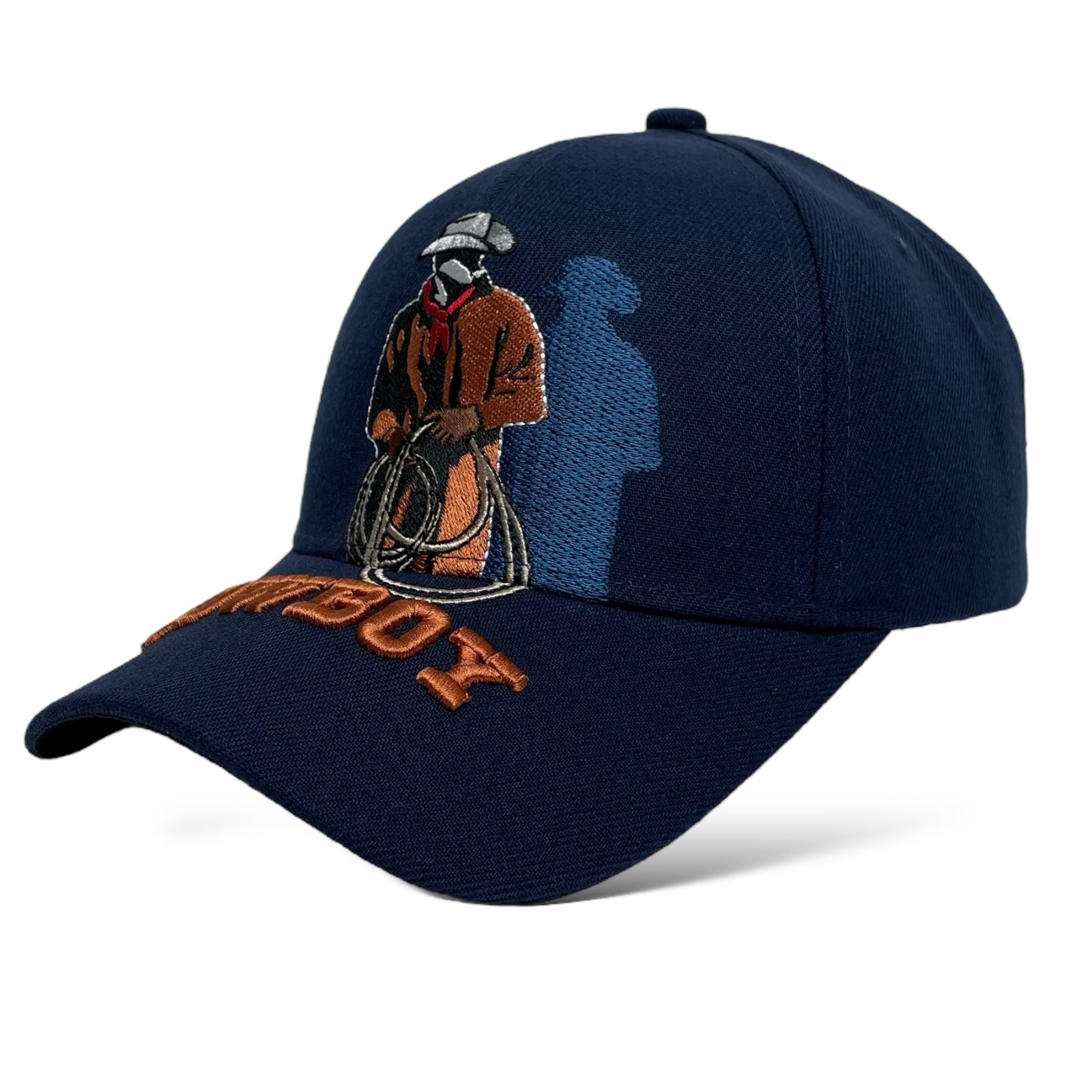 Side view of navy ballcap with hook and loop closure and cowboy design