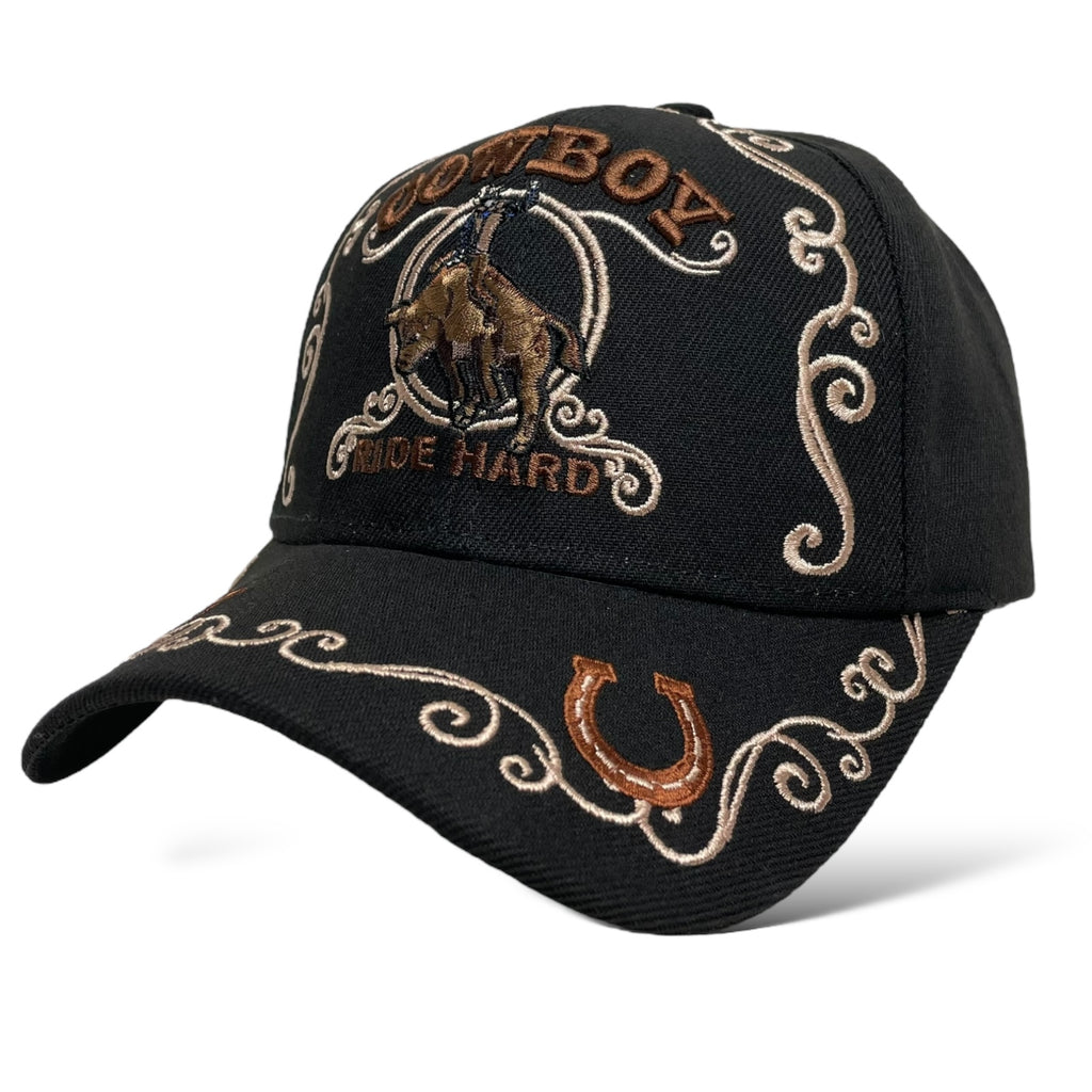 Side view of black baseball cap with cowboy riding bull and 'Ride Hard' text