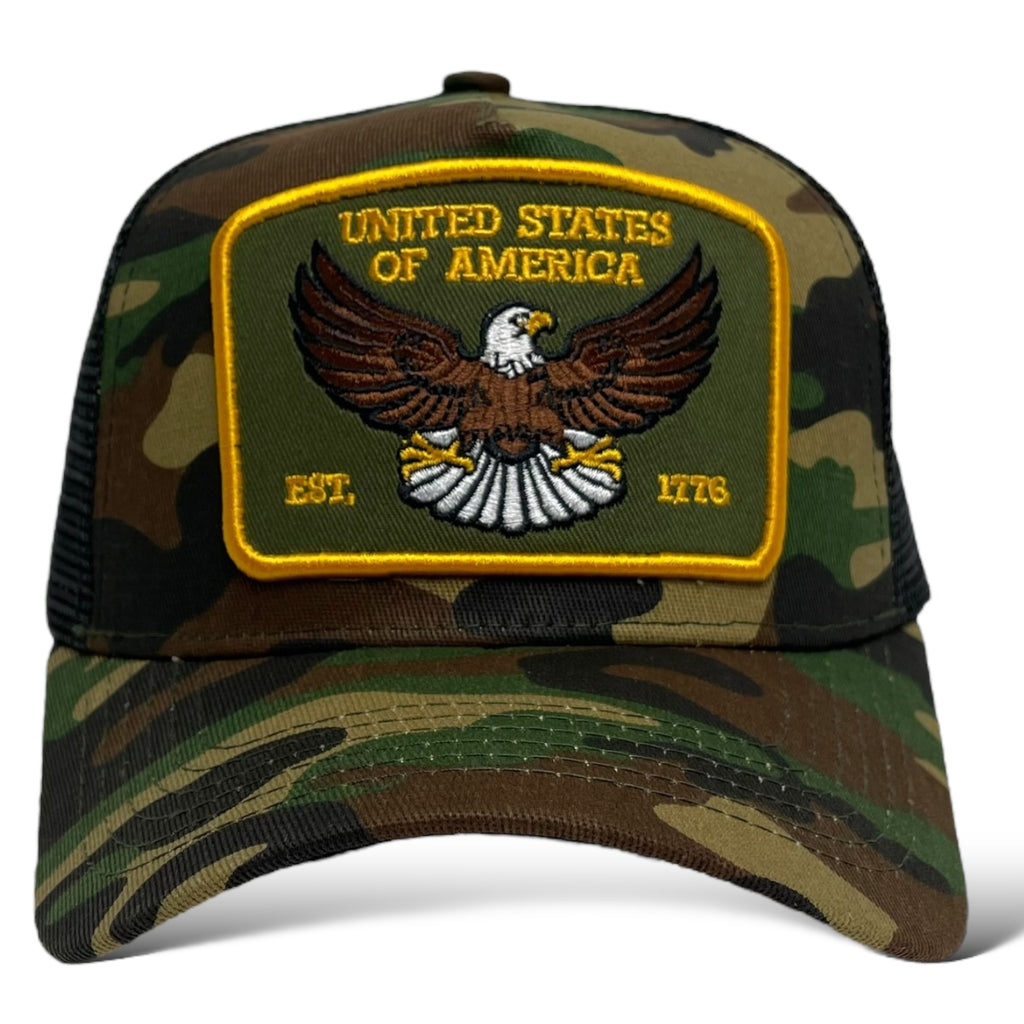 USA Eagle EST. 1776 Camouflage Snapback Trucker Hat Side View