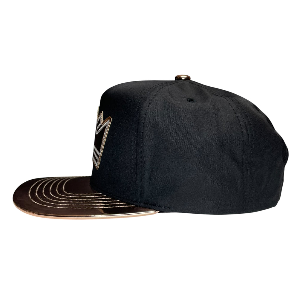 Black & Bronze Vinyl Snapback Hat – King Crown Logo, Flat Brim, Streetwear Cap