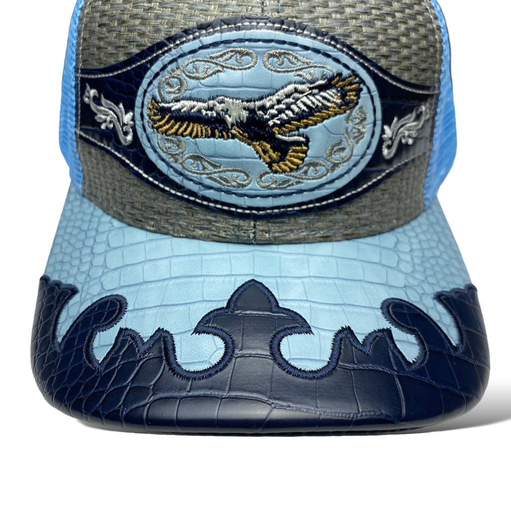 Western Style Snapback Trucker Hat with Embroidered Eagle and Straw Mesh