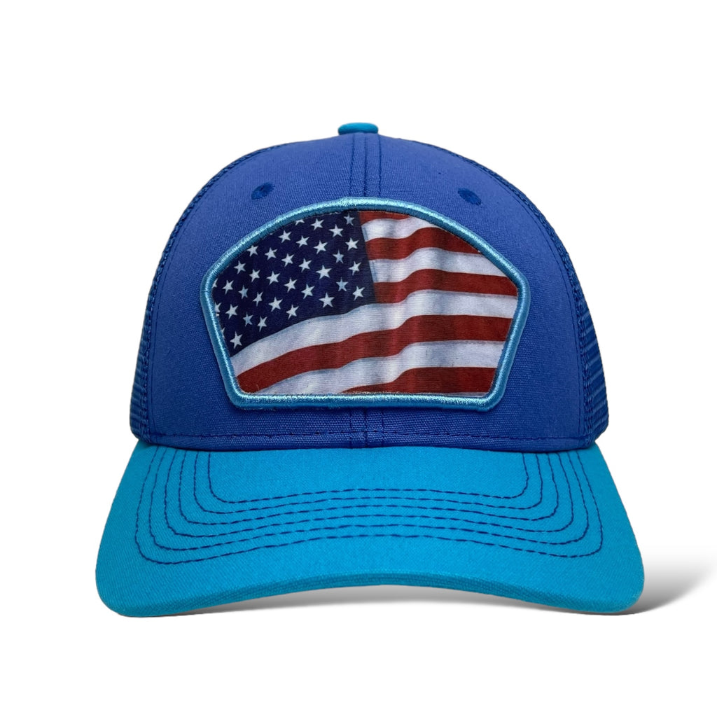 USA Flag Patch Aqua Blue & Blue Snapback Trucker Hat - Bulk Purchase