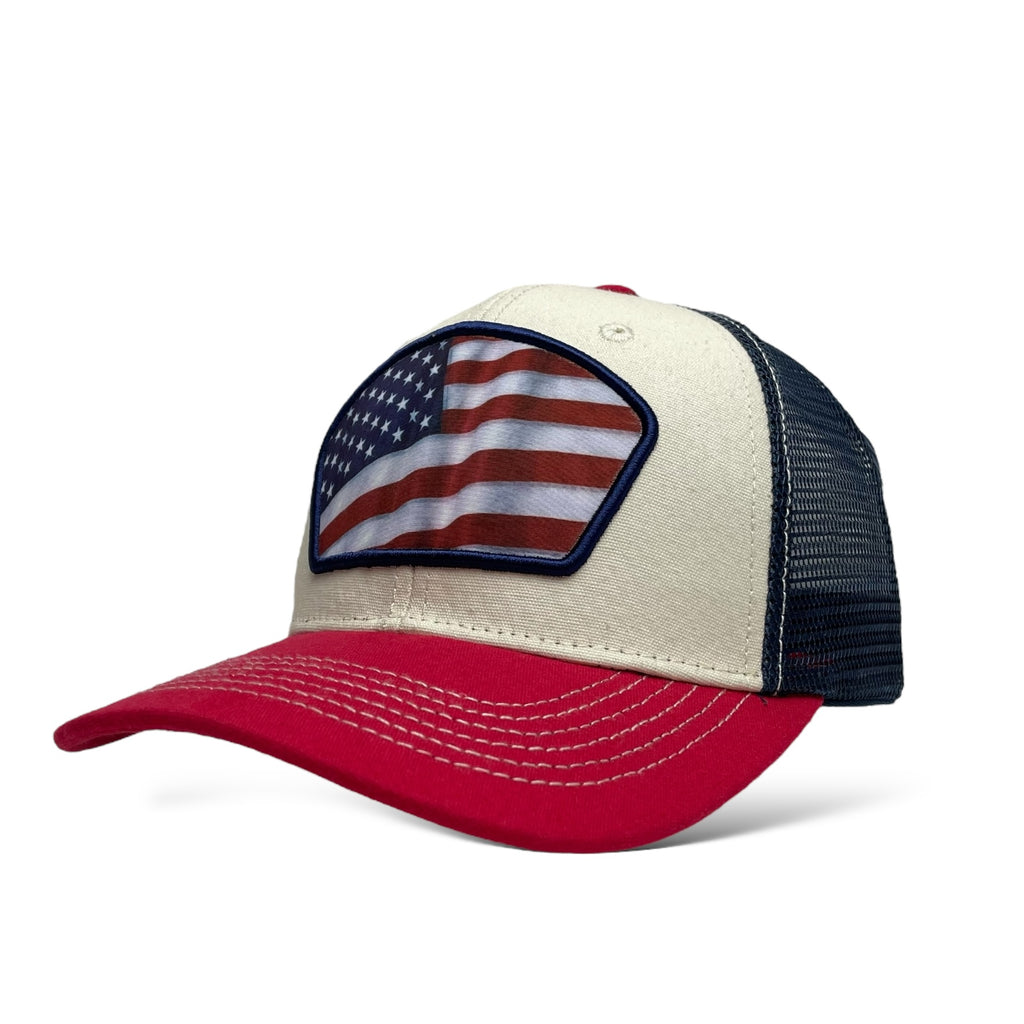 Wholesale Trucker Hat - Beige, Red & Navy Snapback with USA Flag Printed Patch