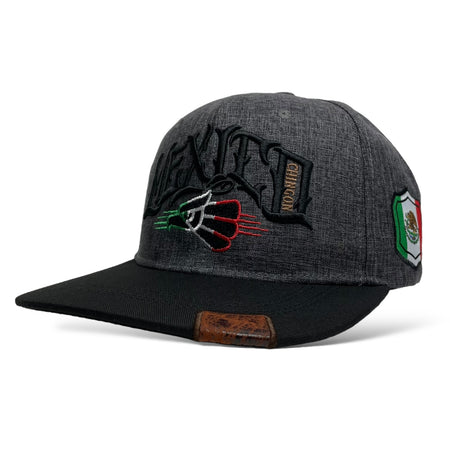 Side View of Mexico Chingon 3D Embroidered Snapback Baseball Cap Gray Black