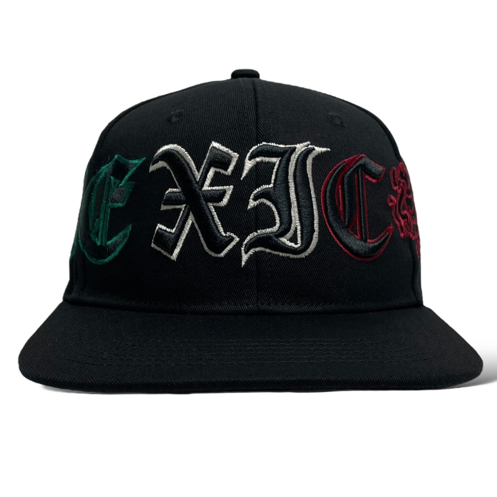 Black snapback baseball cap with flat brim and Mexico Eagle 3D embroidery