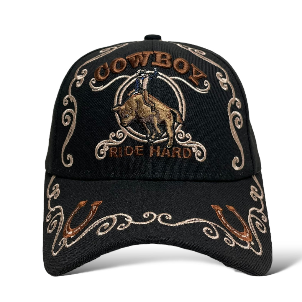 Black baseball cap Cowboy Ride Hard embroidery and bull rider design