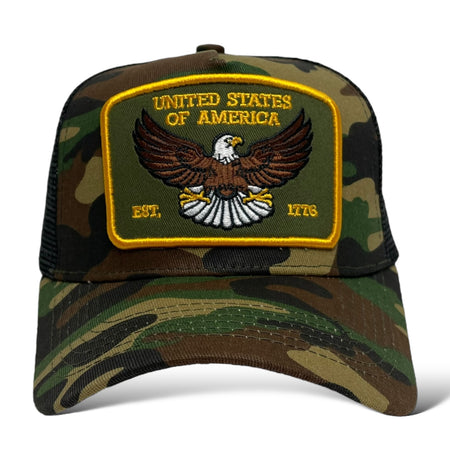 Close-Up of USA Eagle EST. 1776 Camouflage Snapback Trucker Hat Design