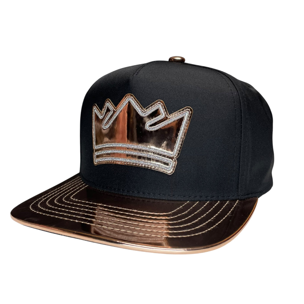 Black & Bronze Vinyl Snapback Hat – King Crown Logo, Flat Brim, Streetwear Cap