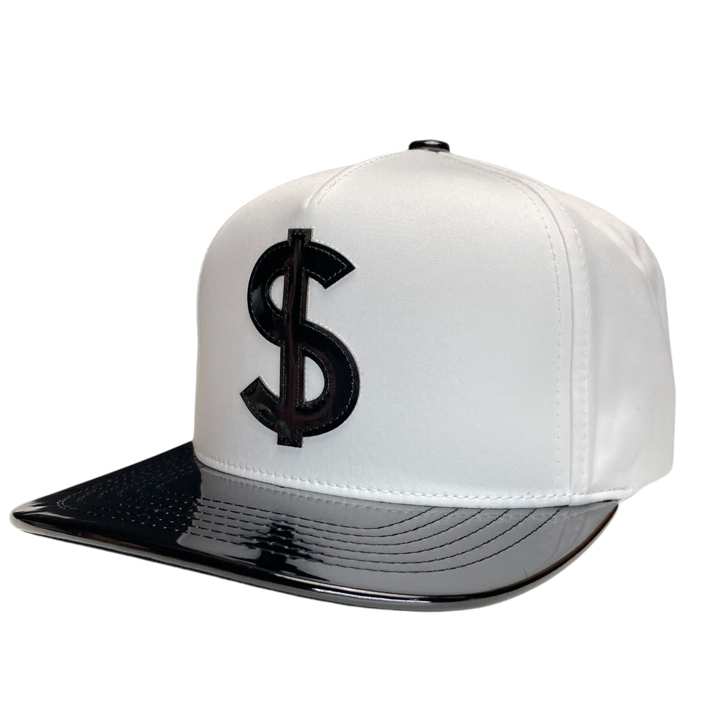 Dollar Sign Money Logo Snapback Hat White and Black Vinyl Flat Brim