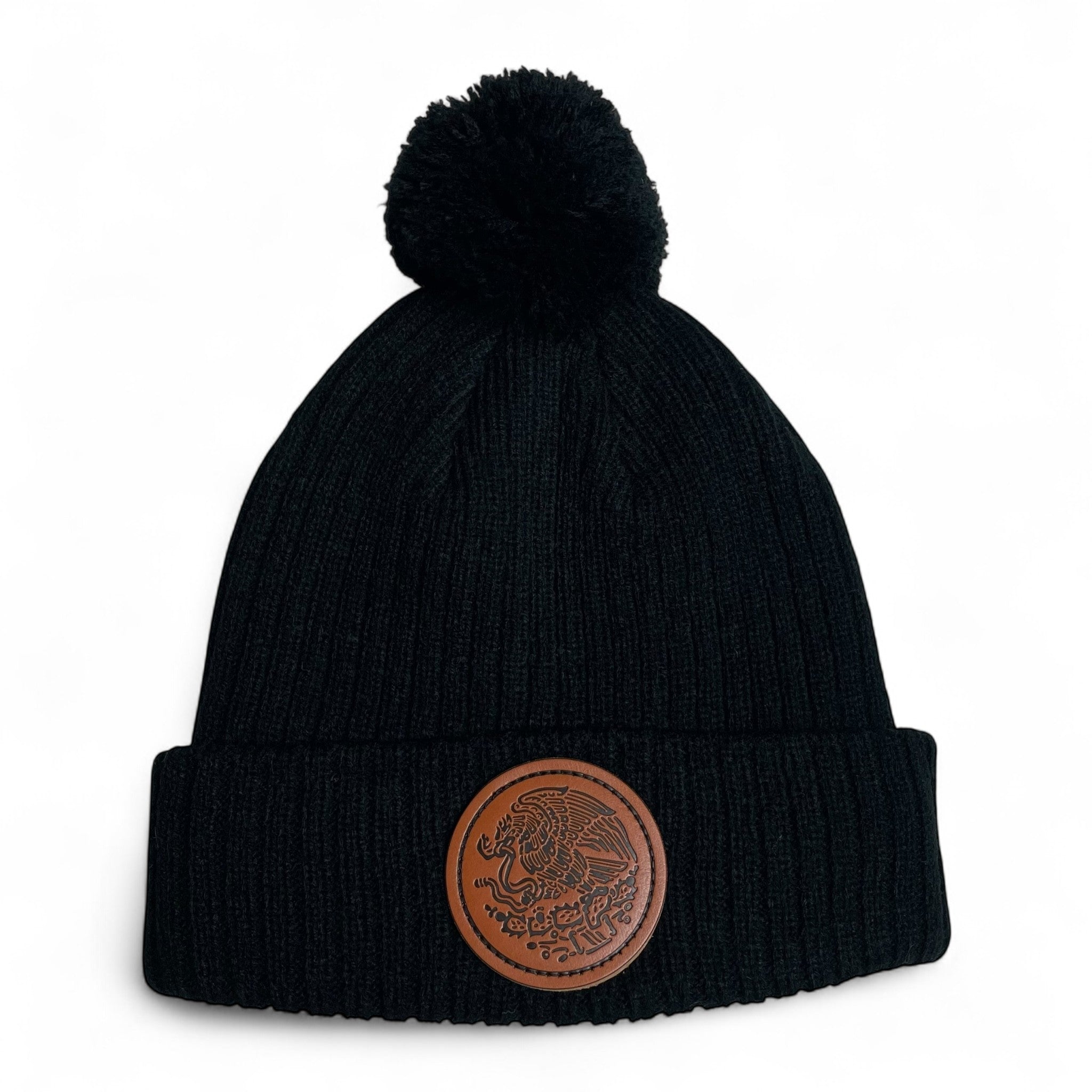 Gorro de Invierno Negro con Parche de Cuero Águila de México