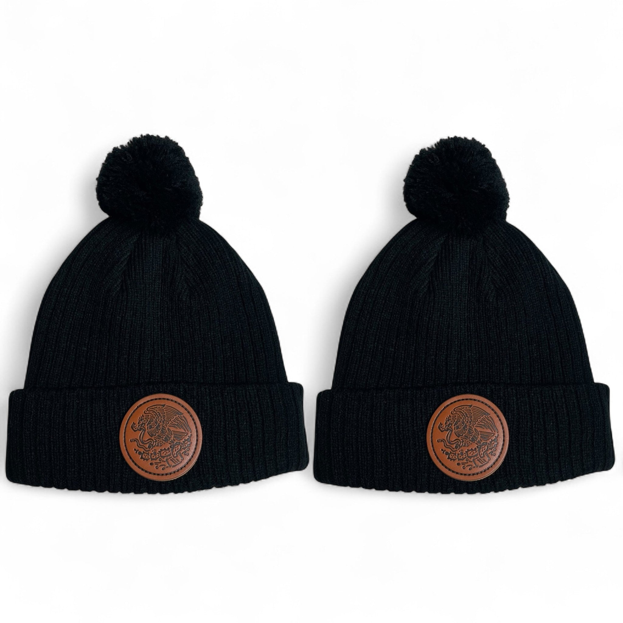 Gorro de Invierno Negro con Parche de Cuero Águila de México