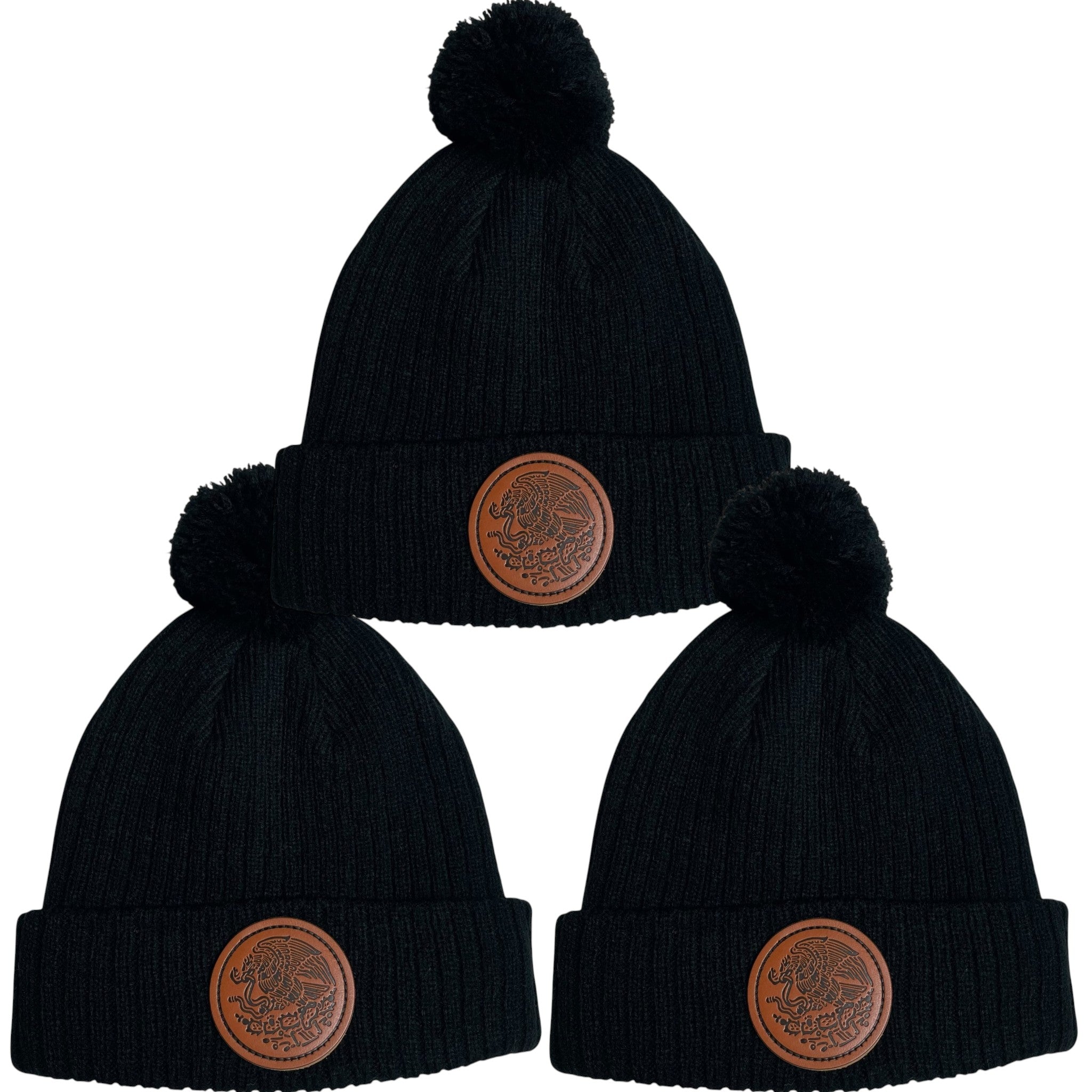 Gorro de Invierno Negro con Parche de Cuero Águila de México