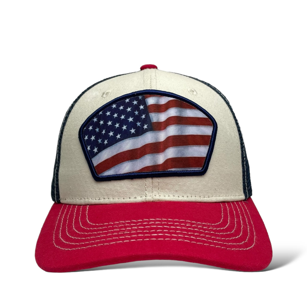 Wholesale Trucker Hat - Beige, Red & Navy Snapback with USA Flag Printed Patch