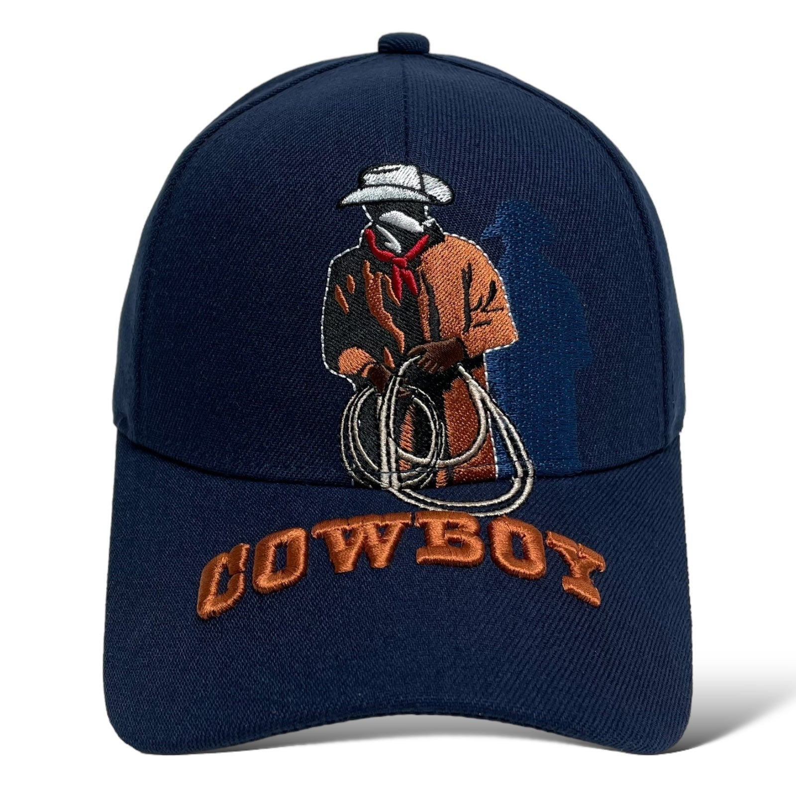 Close-up of cowboy embroidery on navy ballcap with hook and loop strap