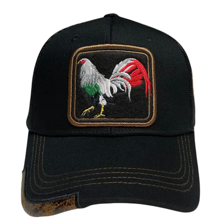 Black Rooster Trucker Snapback Baseball Cap - Curved bill, mesh panels, and adjustable snapback for a comfortable and stylish look.