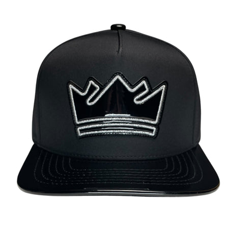 Black Vinyl King Crown Snapback Hat with Flat Brim and Adjustable Fit