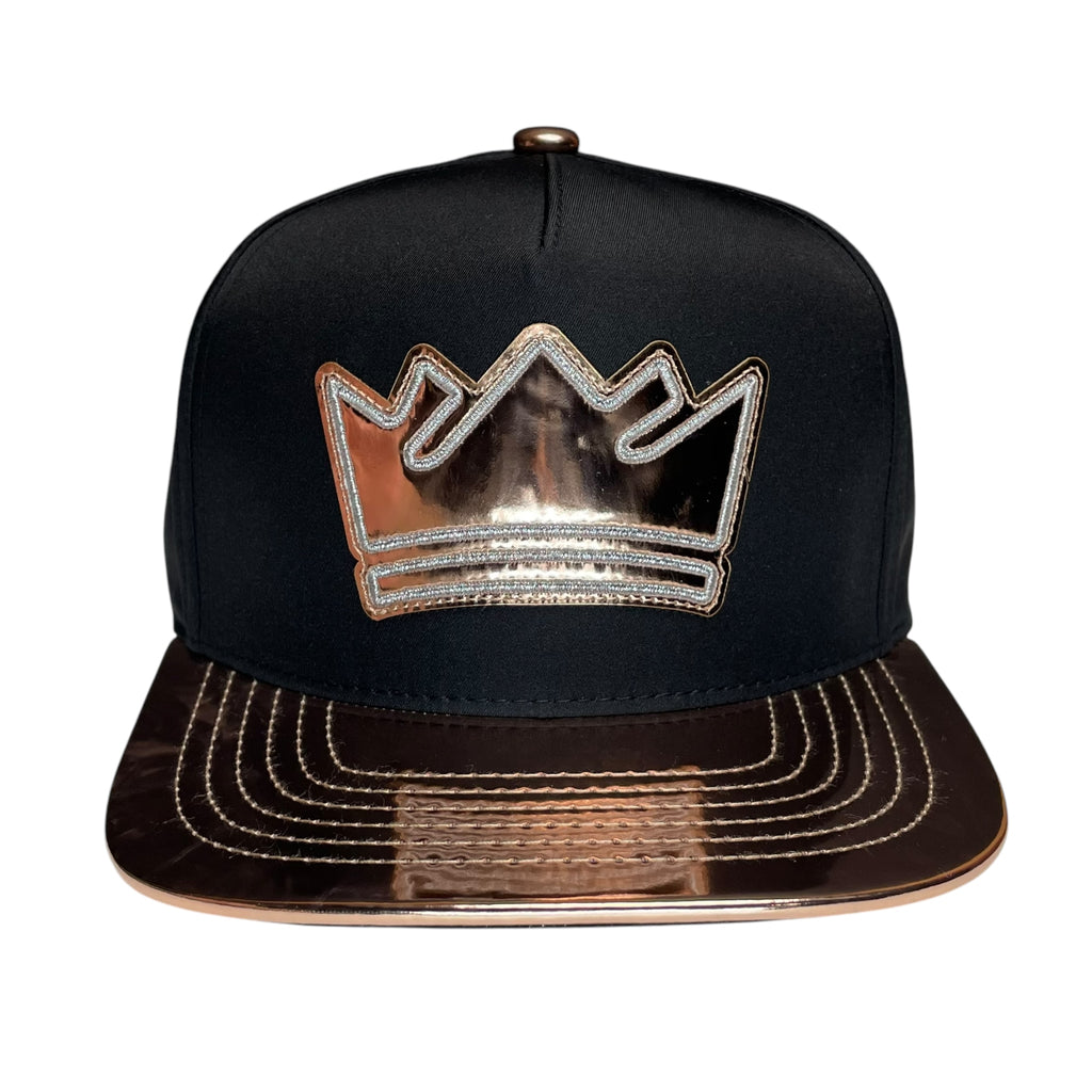 Black & Bronze Vinyl Snapback Hat – King Crown Logo, Flat Brim, Streetwear Cap