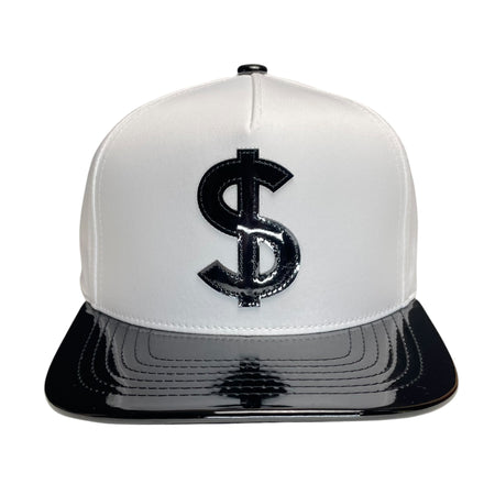 White and black money logo snapback hat with vinyl dollar sign design