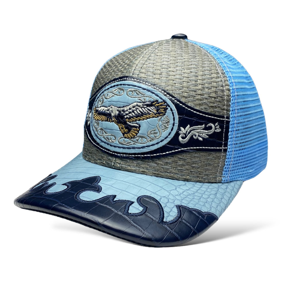 Western Style Snapback Trucker Hat with Embroidered Eagle and Straw Mesh