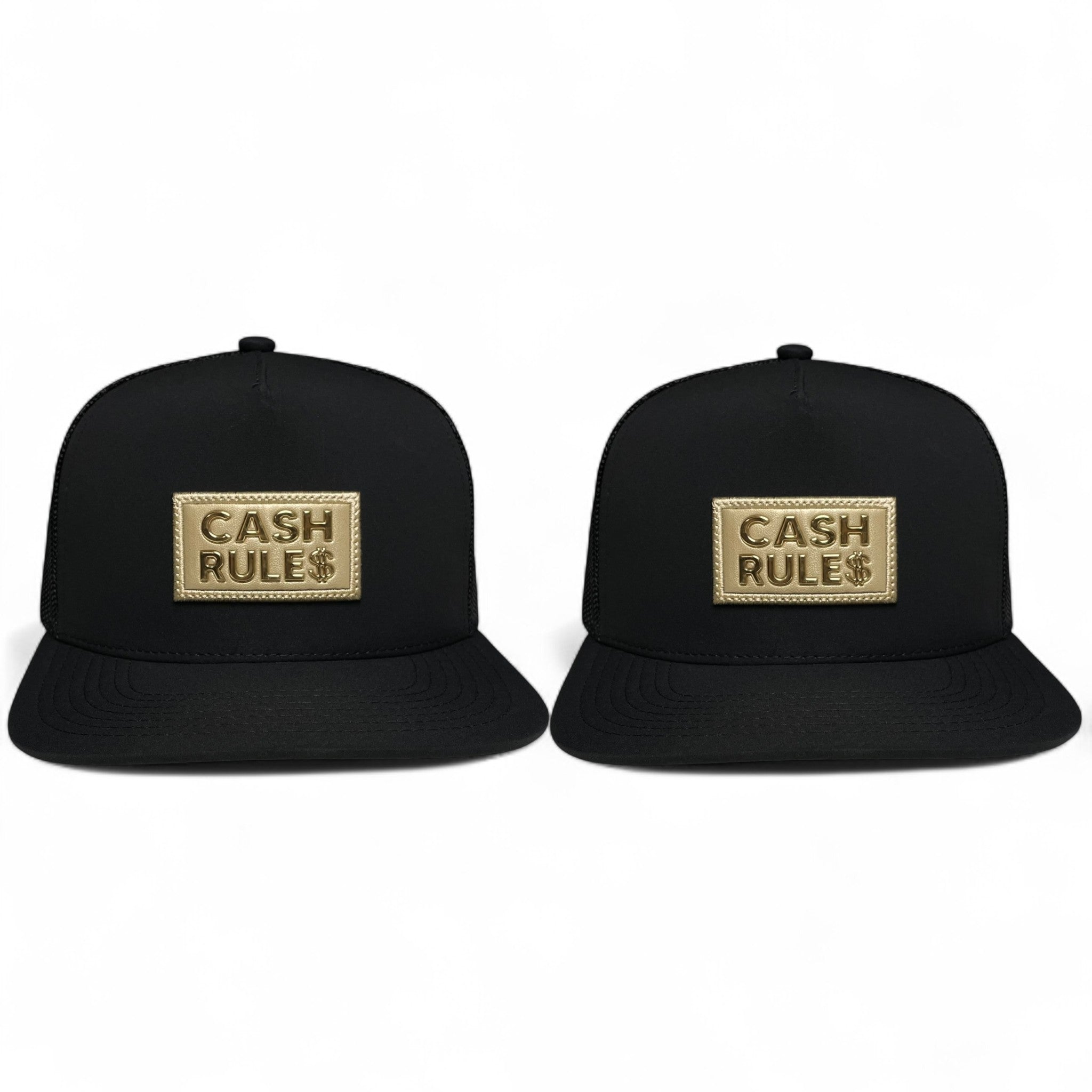 Pack of 2 Cash Rules snapback caps with golden dollar sign patch, mesh back, adjustable closure, stylish streetwear design.
