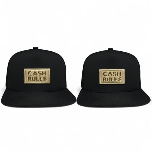 Pack of 2 Cash Rules snapback caps with golden dollar sign patch, mesh back, adjustable closure, stylish streetwear design.