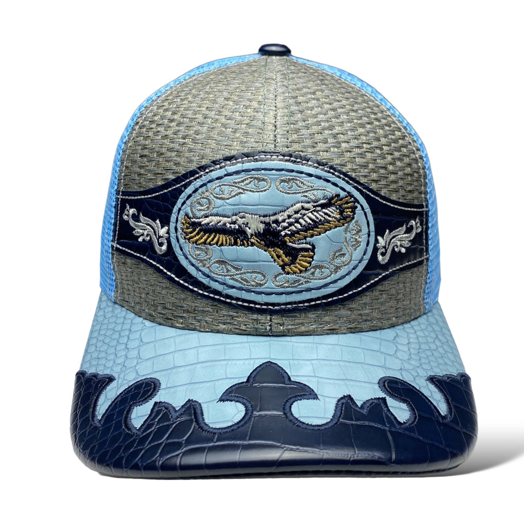 Western Style Snapback Trucker Hat with Embroidered Eagle and Straw Mesh