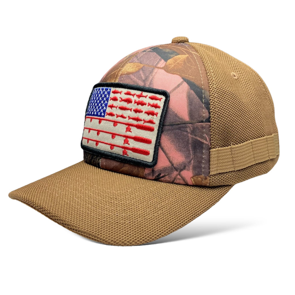 Camo Fishing Cap with American Flag Embroidered Pocket Patch | Wholesale Caps