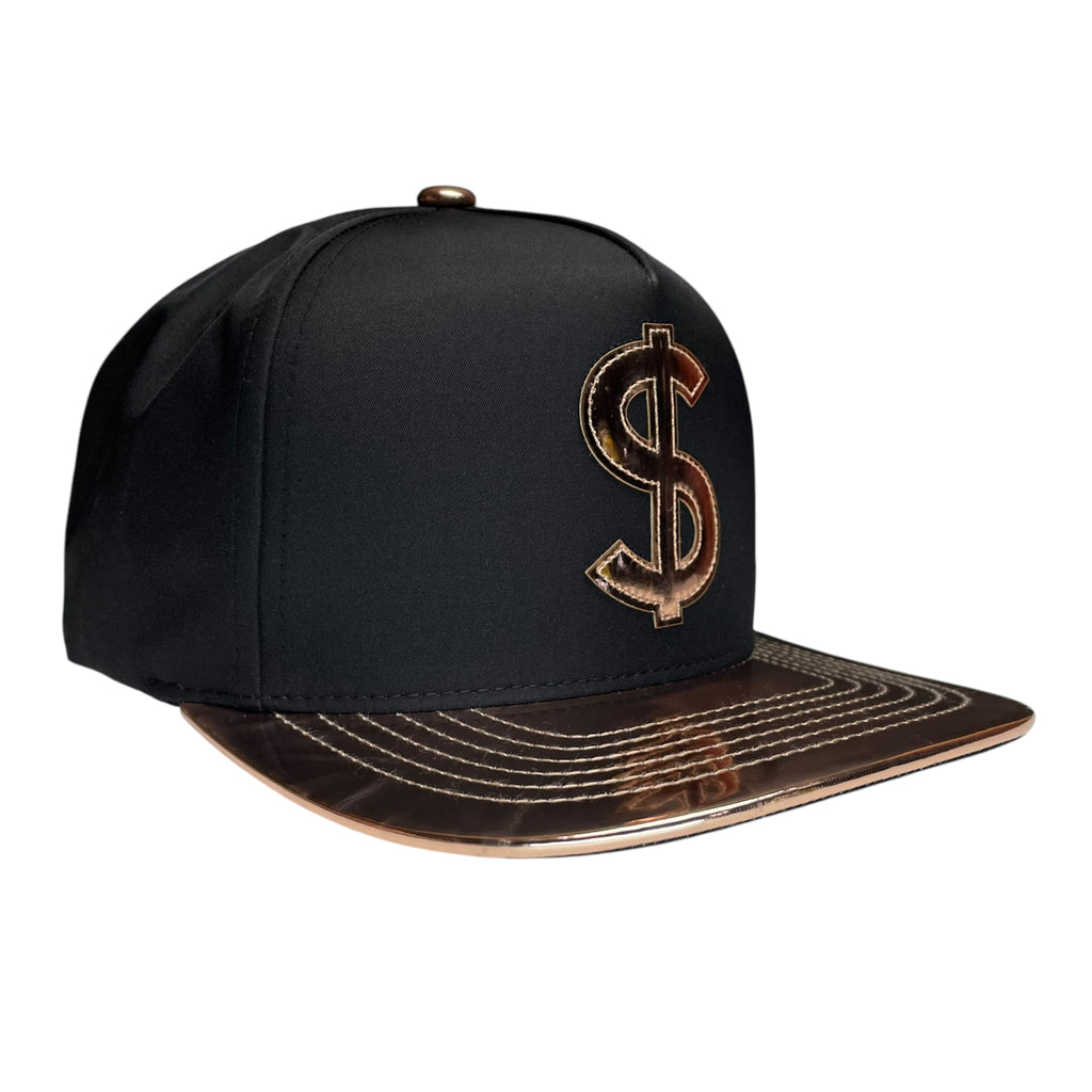 Money Logo Snapback Hat Black and Bronze Vinyl Flat Brim Adjustable