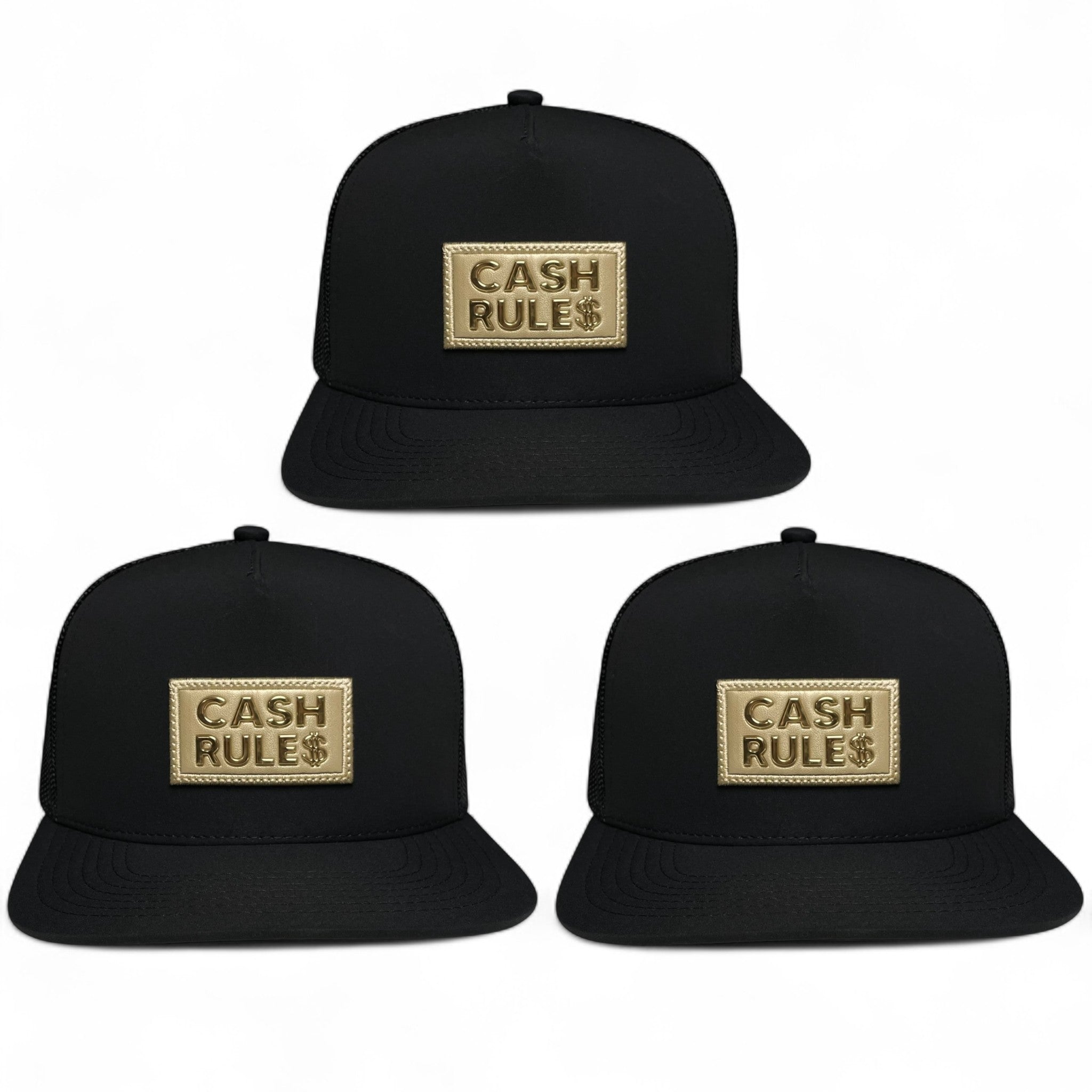 Pack of 3 Cash Rules snapback caps with golden dollar sign patch, mesh back, adjustable closure, stylish streetwear design.
