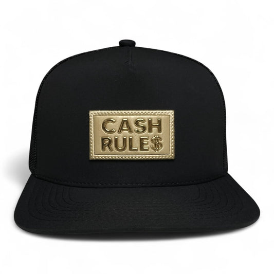 Black snapback cap with golden dollar sign patch, Cash Rules design, mesh back, adjustable closure, stylish streetwear cap.
