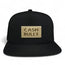 Black snapback cap with golden dollar sign patch, Cash Rules design, mesh back, adjustable closure, stylish streetwear cap.