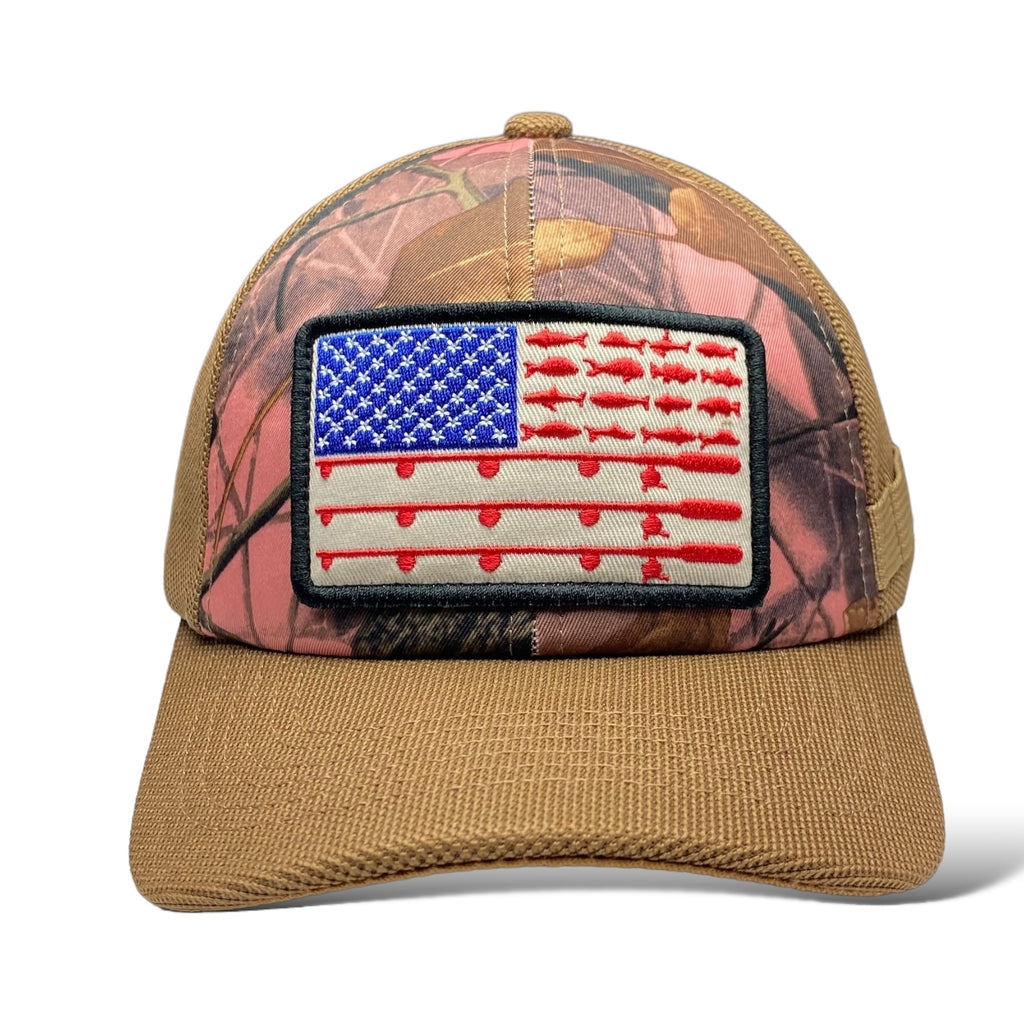 Camo Fishing Cap with American Flag Embroidered Pocket Patch | Wholesale Caps