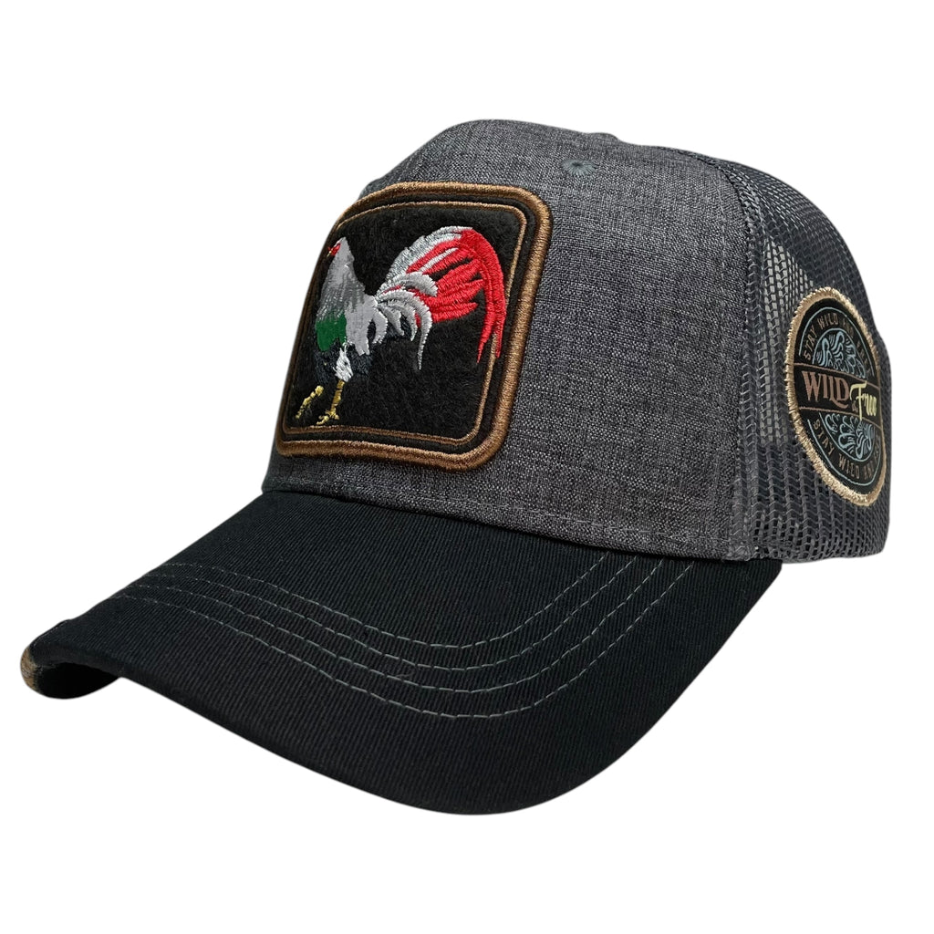 Mexican Gray Rooster Trucker Snapback Baseball Cap - Curved Bill, Mesh Panels