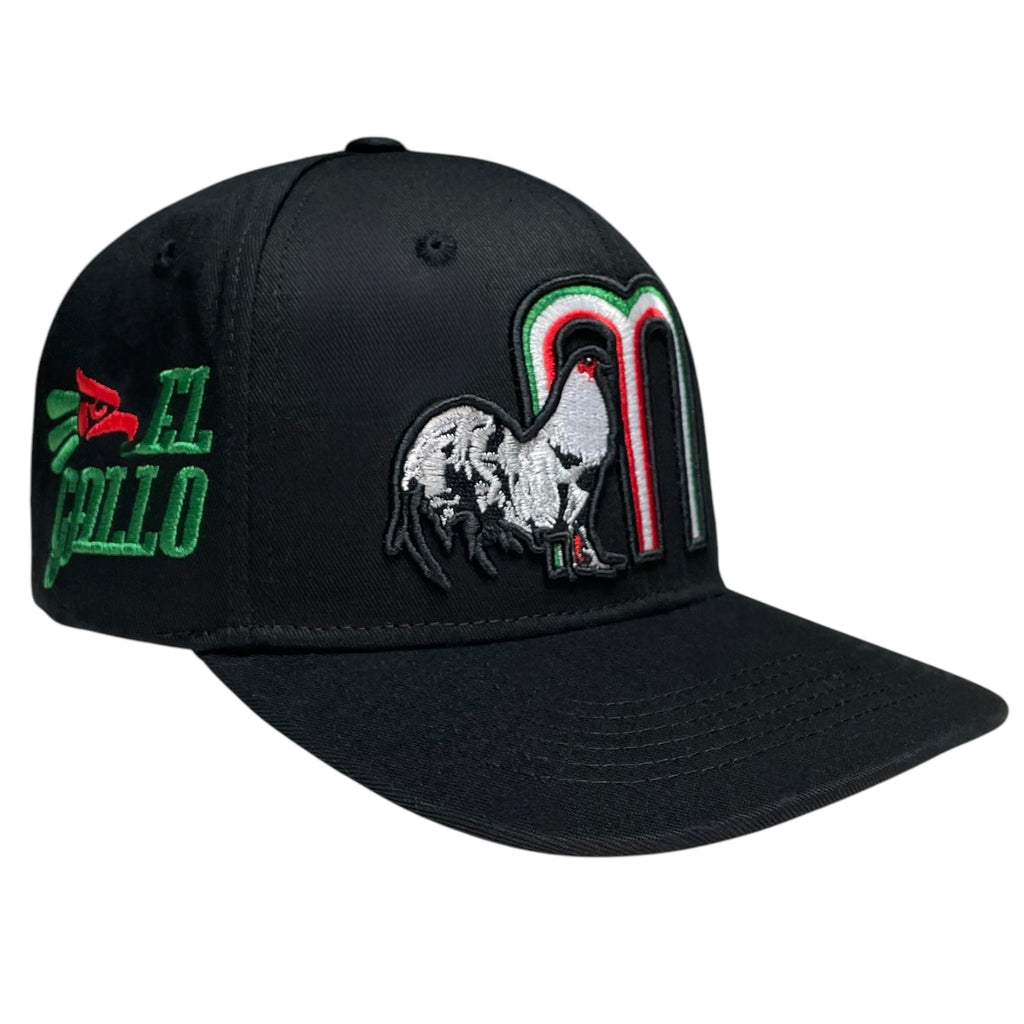 Mexico Rooster El Gallo Embroidered Snapback Hat – Black Flat Brim Cap