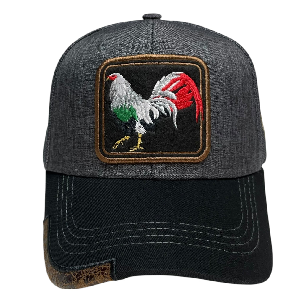 Gray Rooster Trucker Snapback Baseball Cap - Curved bill, mesh panels, and adjustable snapback for a comfortable and stylish look.