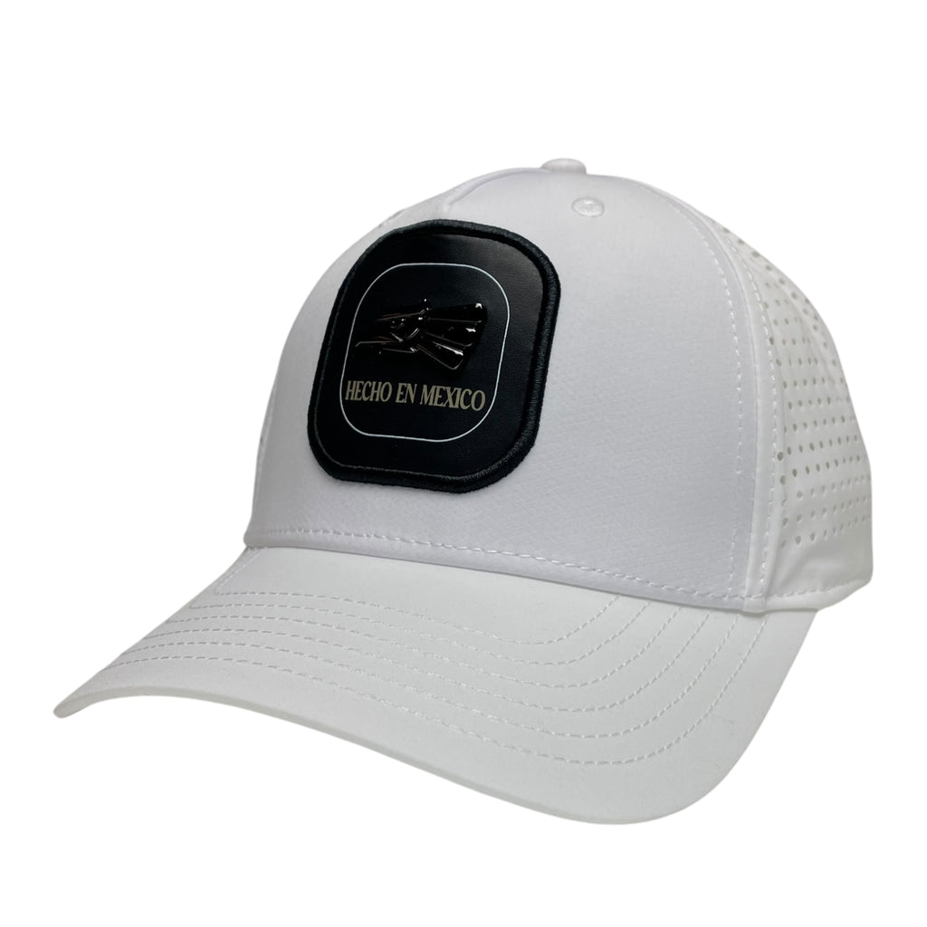 Hecho en Mexico Eagle Logo Baseball Cap – White Laser Cut Snapback