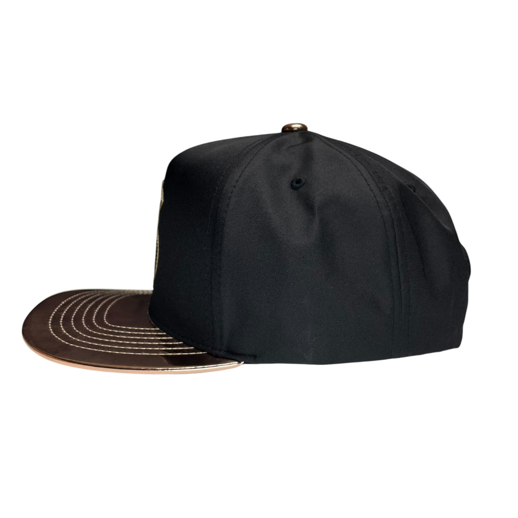 Money Logo Snapback Hat Black and Bronze Vinyl Flat Brim Adjustable